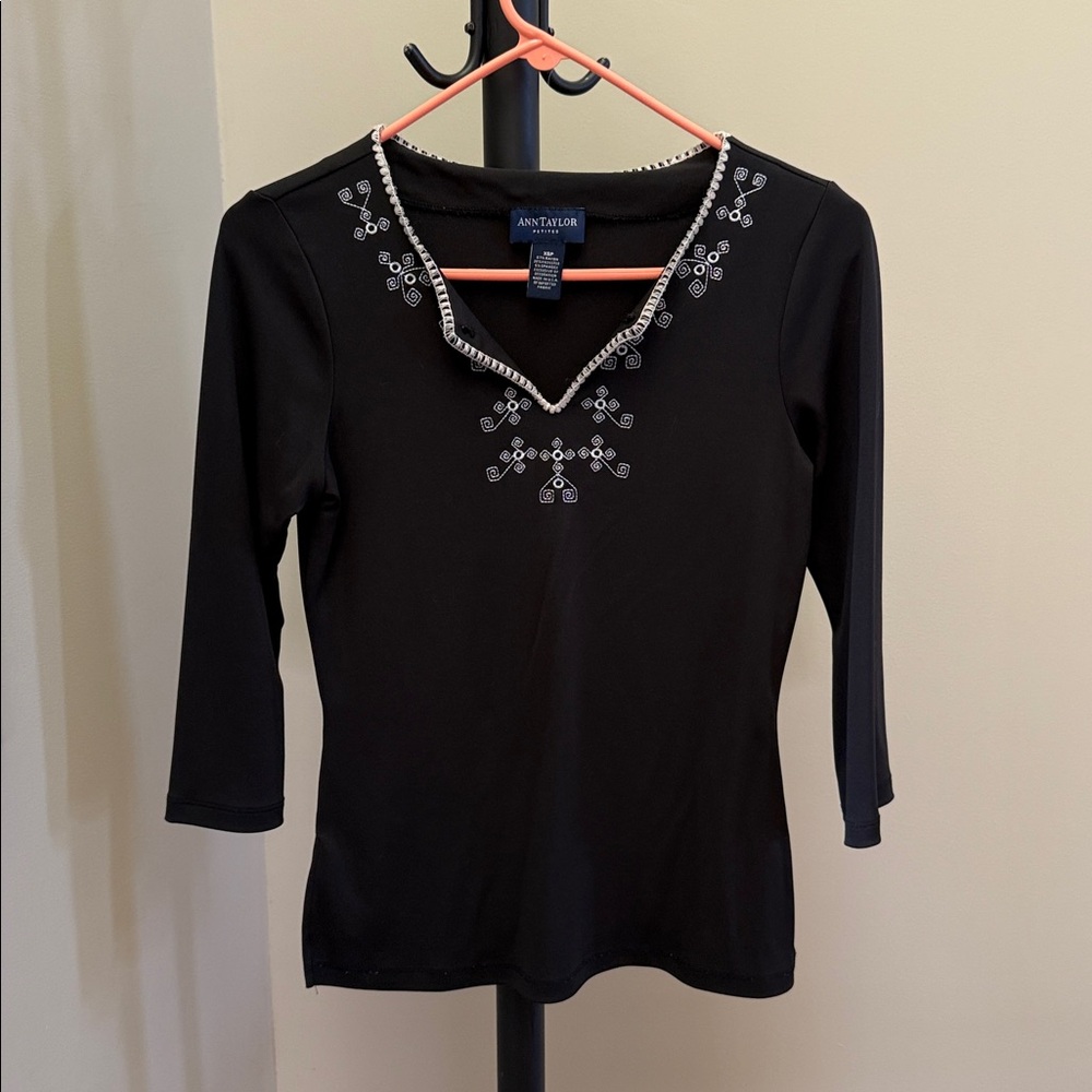 Ann Taylor Black Top with White Stitching